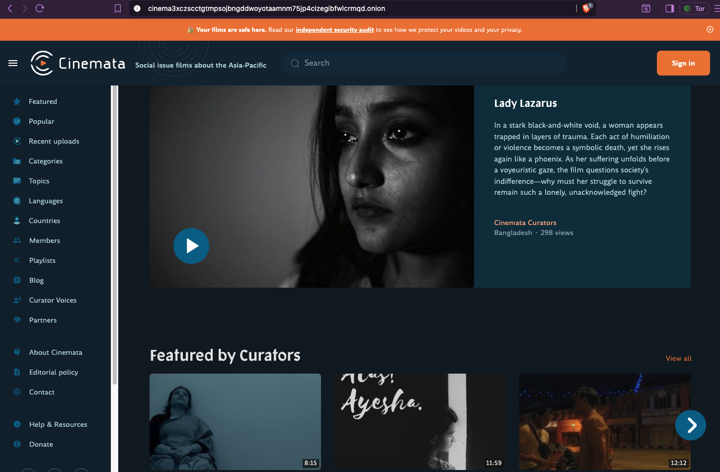 Cinemata loaded in Tor Browser