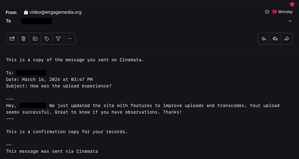 A confirmation email sent automatically to someone who used the filmmaker contact form