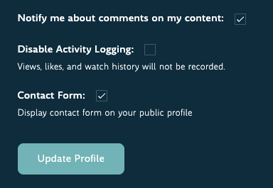 The Edit Profile page showing privacy controls including the option to disable the contact form